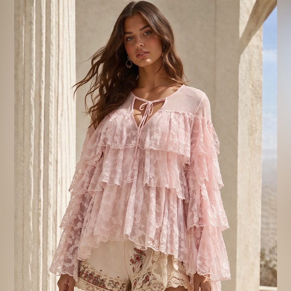 Women’s Pink Lace Ruffle Tunic Top